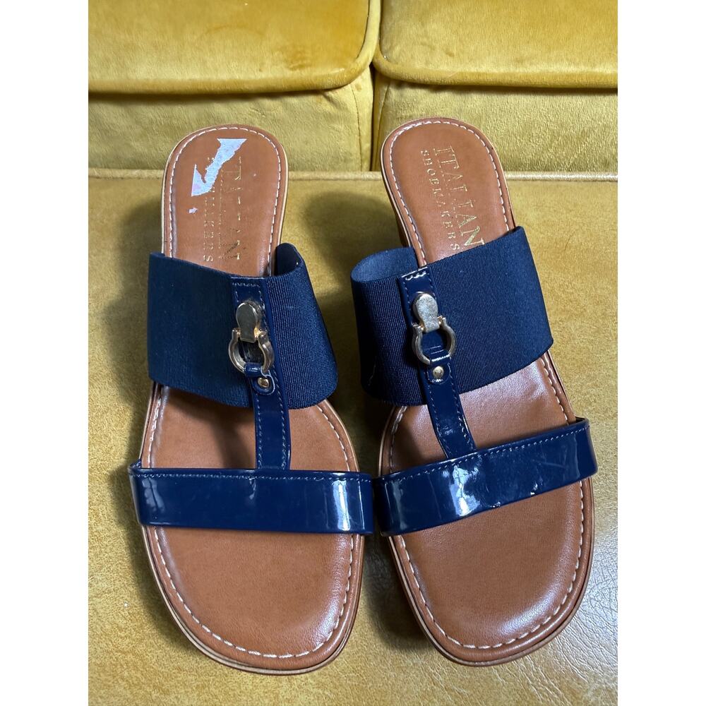 Italian Shoemakers Quiz Wedge Sandals Navy Blue Elastic Slide Thong Gold  7.5 M - Picture 2 of 8